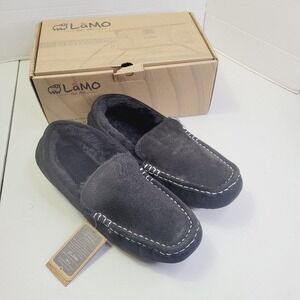 Lamo Men's Moccasin Slippers Size 11 Black Suede Faux Fur Lined House Shoes